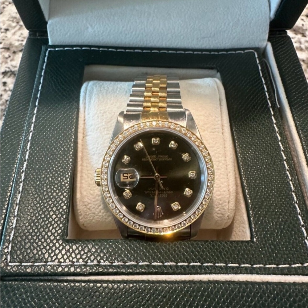 SOLD ROLEX DATEJUST 36MM TWO-TONE W/DIAMOND BEZEL & GREEN FACE